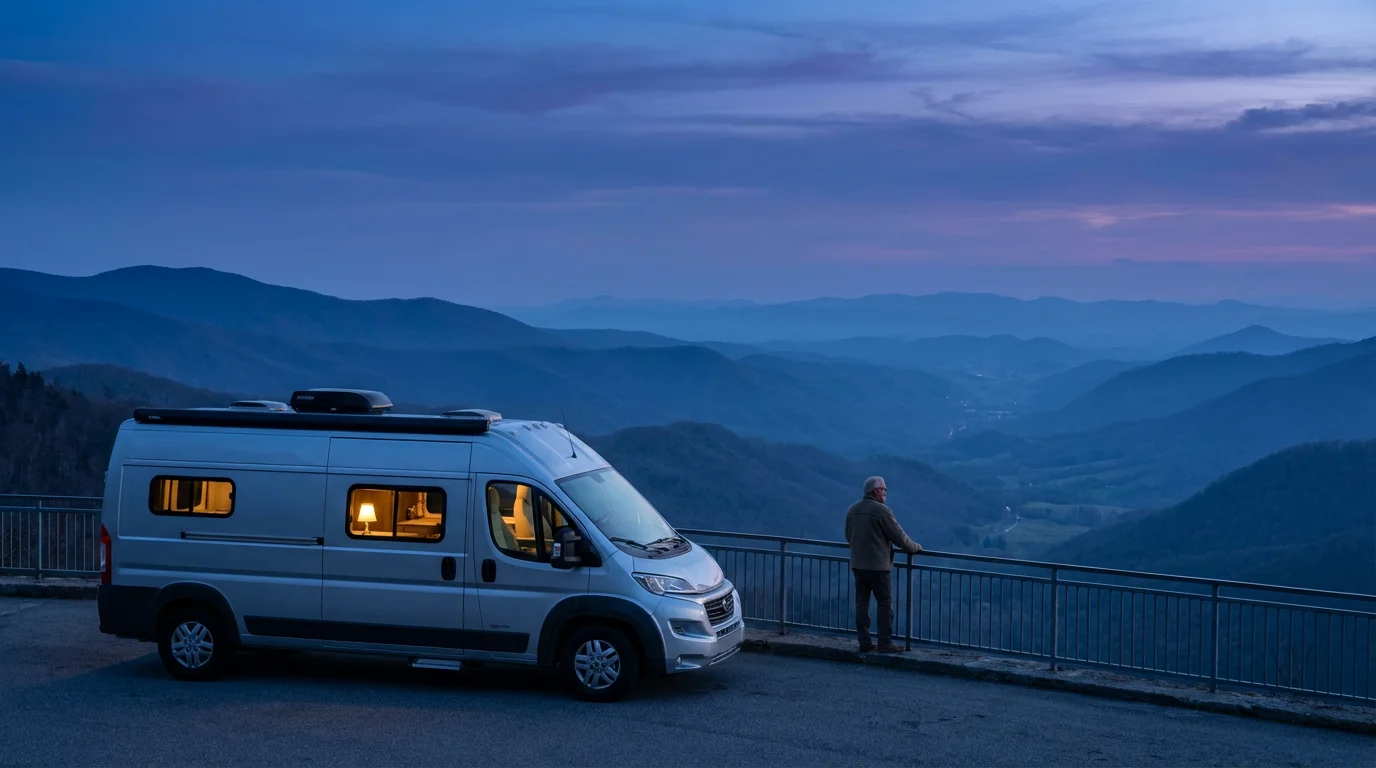 A camper van parked at a mountain overlook during blue hour, a man gazes at the view.