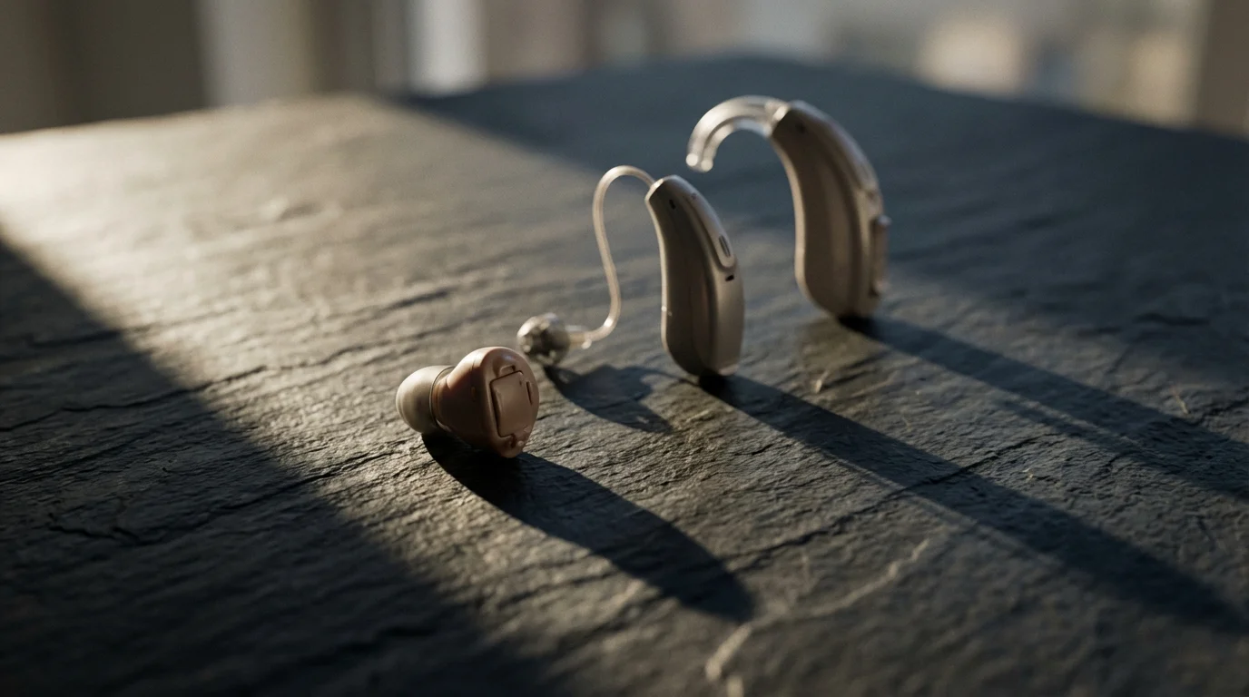 A close-up, low-angle shot of several different types of modern hearing aids.