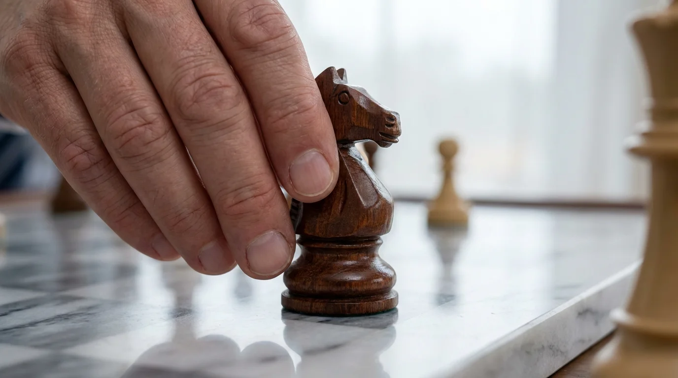 A close-up macro photo of a mature hand moving a wooden chess piece.