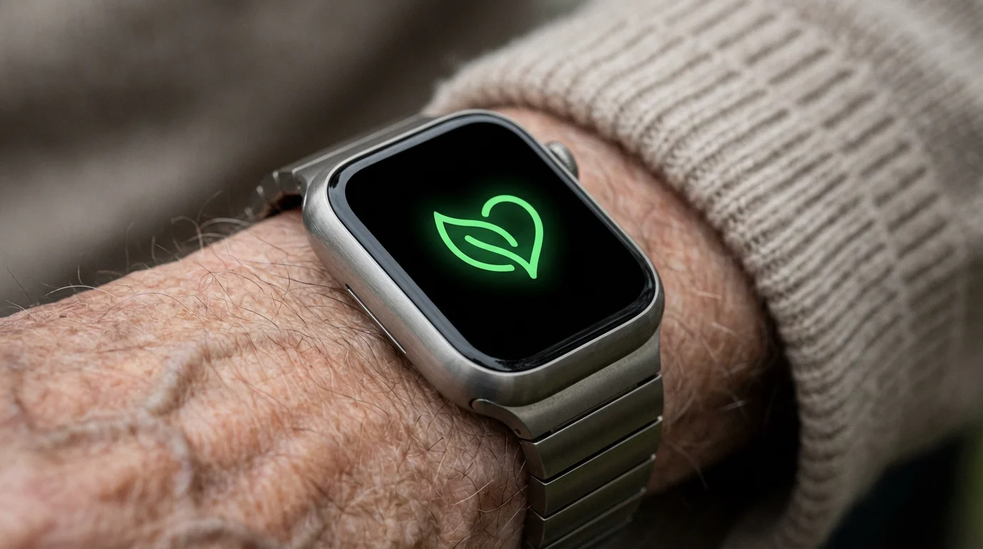 A close-up macro photo of a senior's wrist wearing a smartwatch displaying a wellness icon.