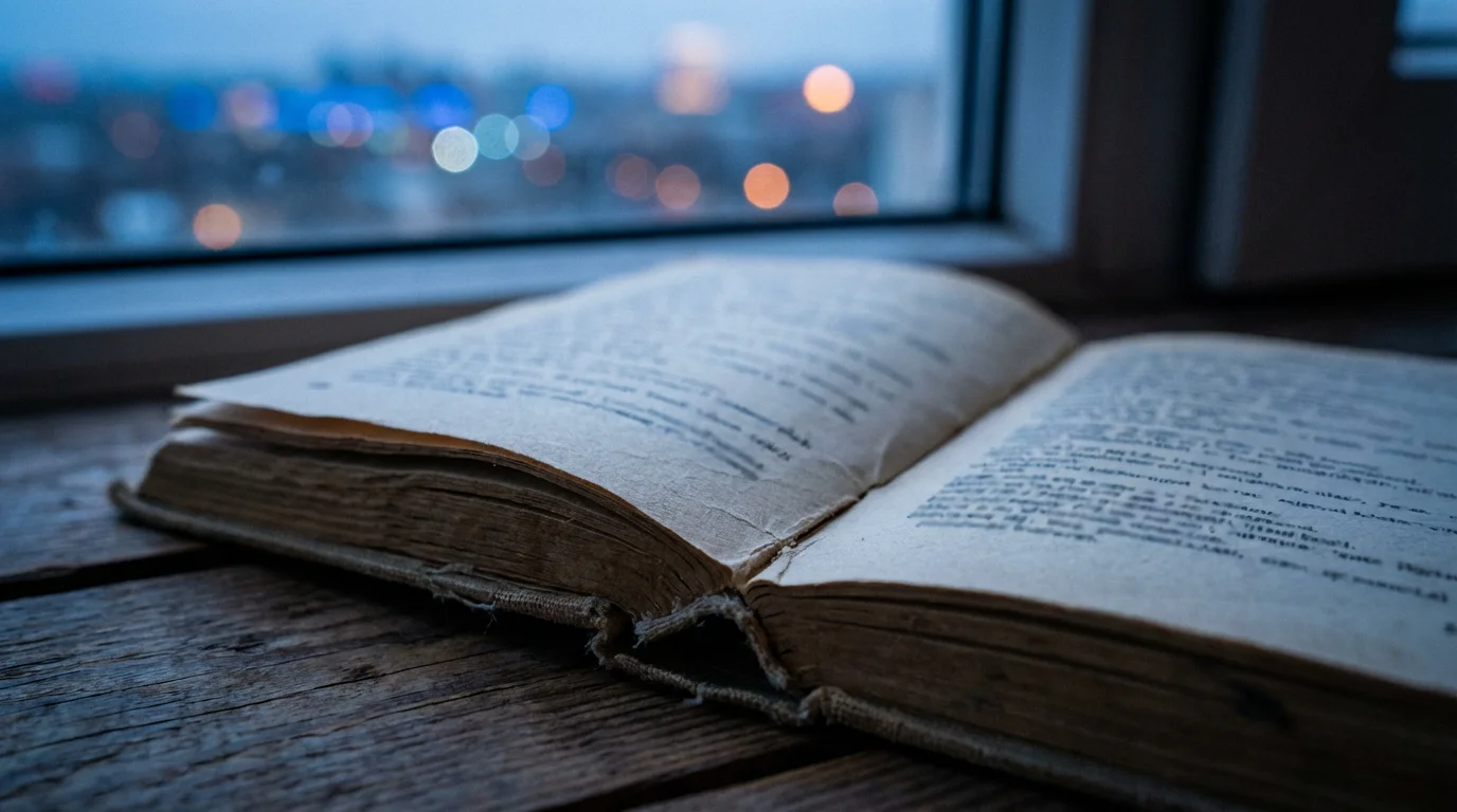 A close-up macro photo of an open travel phrasebook on a windowsill at dusk.