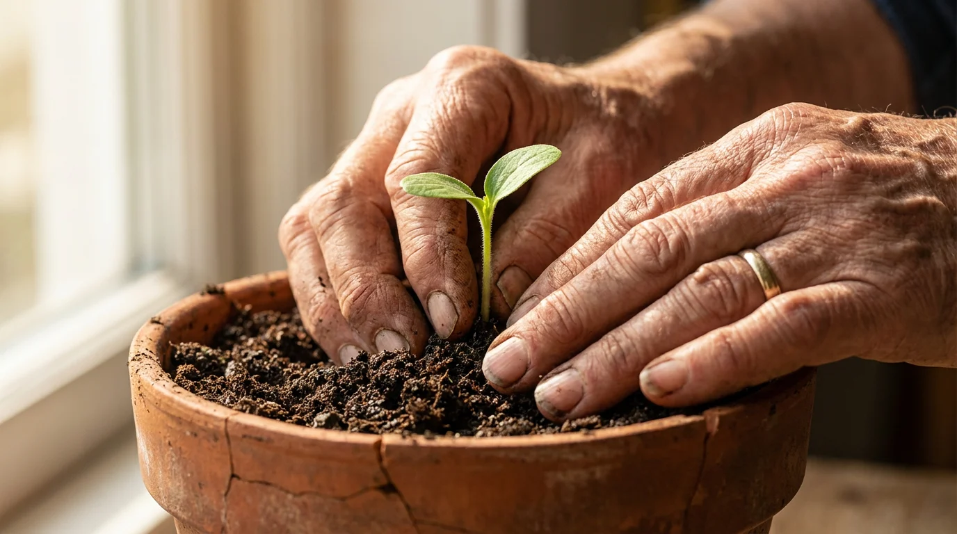 A close-up macro photo of older hands gently planting a small seedling in soil.