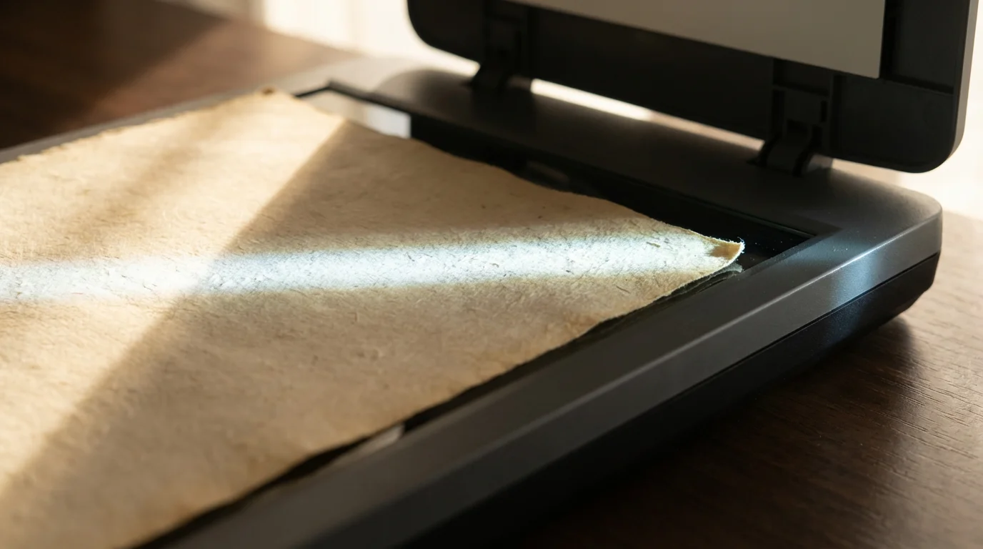 A close-up macro photograph of a paper medical document being scanned and digitized.