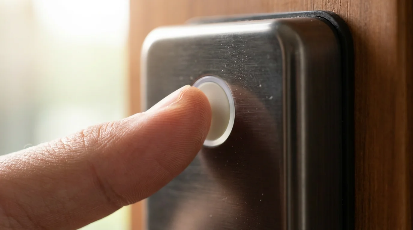 A close-up macro photograph of a thumb pressing a button on a modern smart lock.