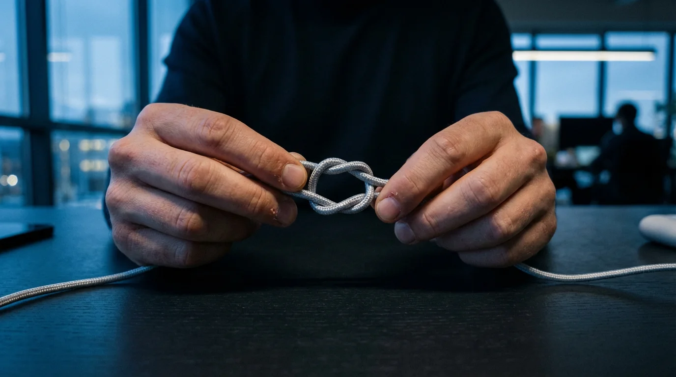 A close-up macro photograph of hands carefully untangling a knotted silver cable at dusk.