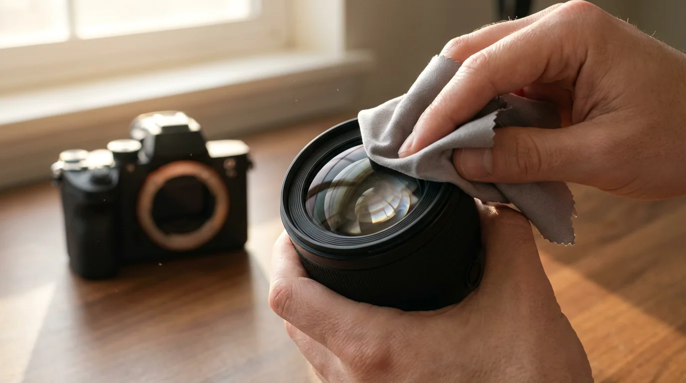 A close-up macro photograph of hands carefully cleaning a professional camera lens with a cloth.