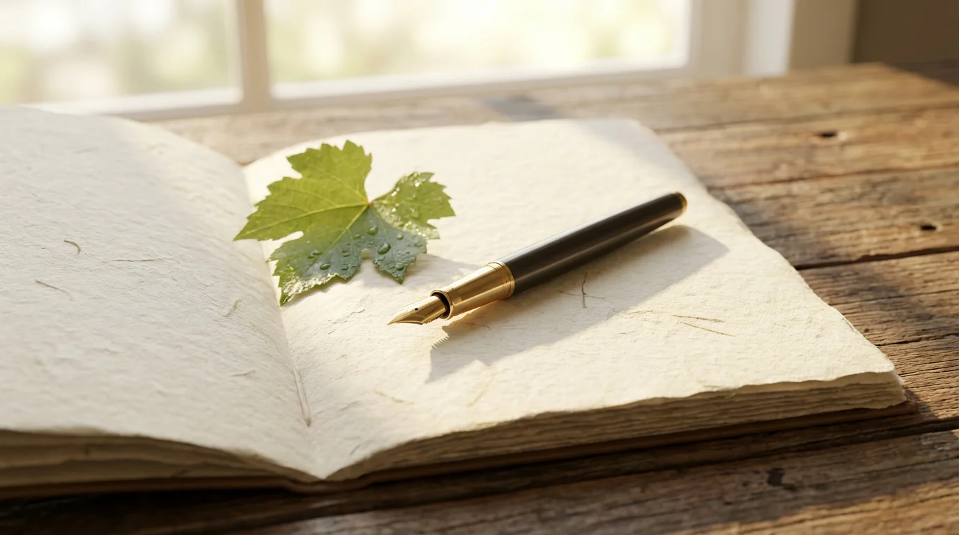 A close-up of a blank journal with a fountain pen and grape leaf.