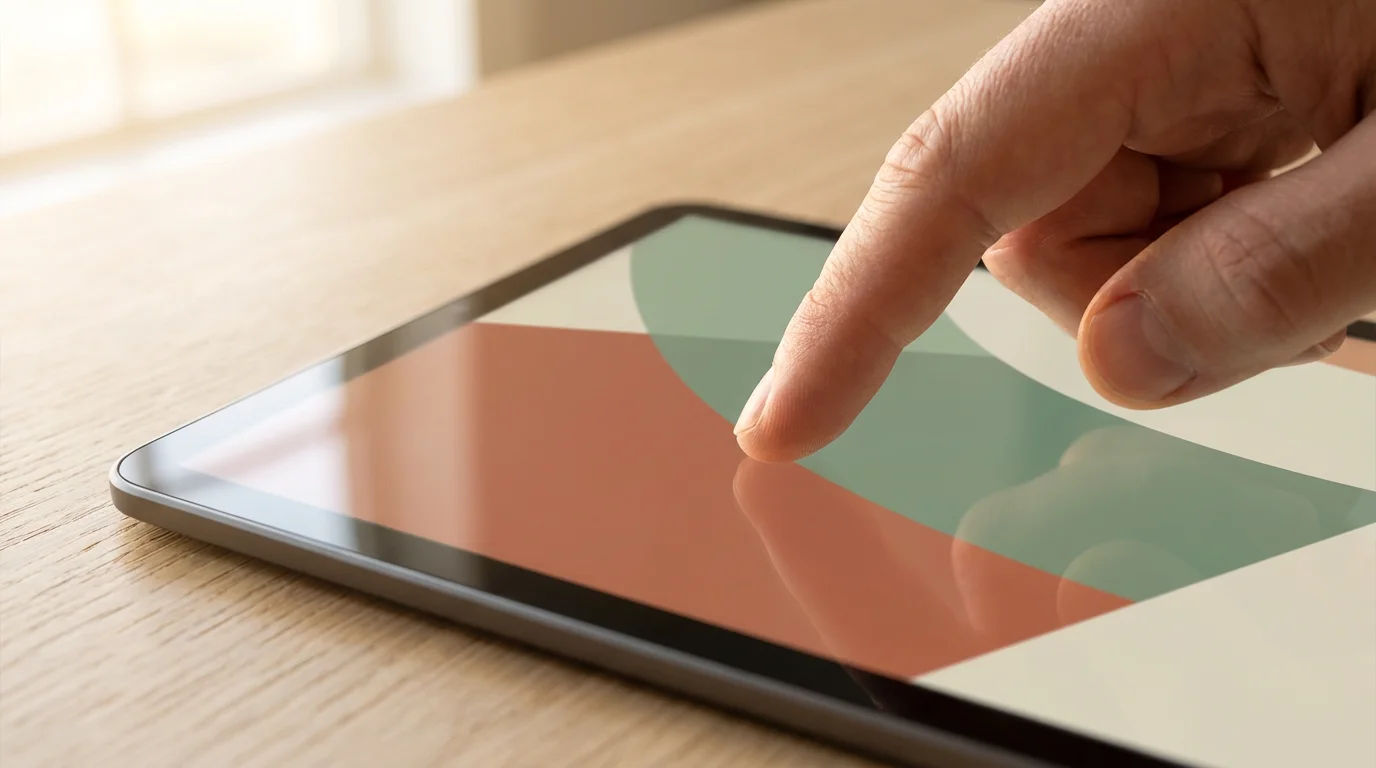 A close-up of a person's finger designing a website layout on a tablet screen.
