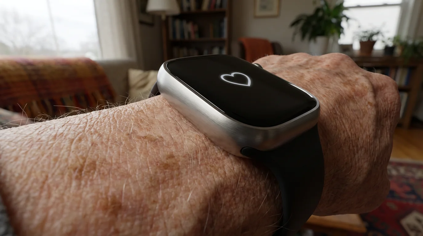 A close-up of a senior citizen's wrist wearing a modern health-monitoring smartwatch.