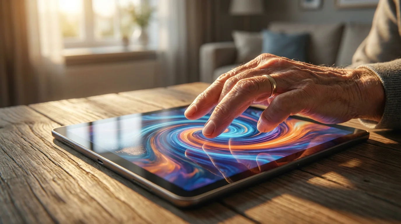 A close-up of a senior person's hand touching a tablet screen during golden hour.