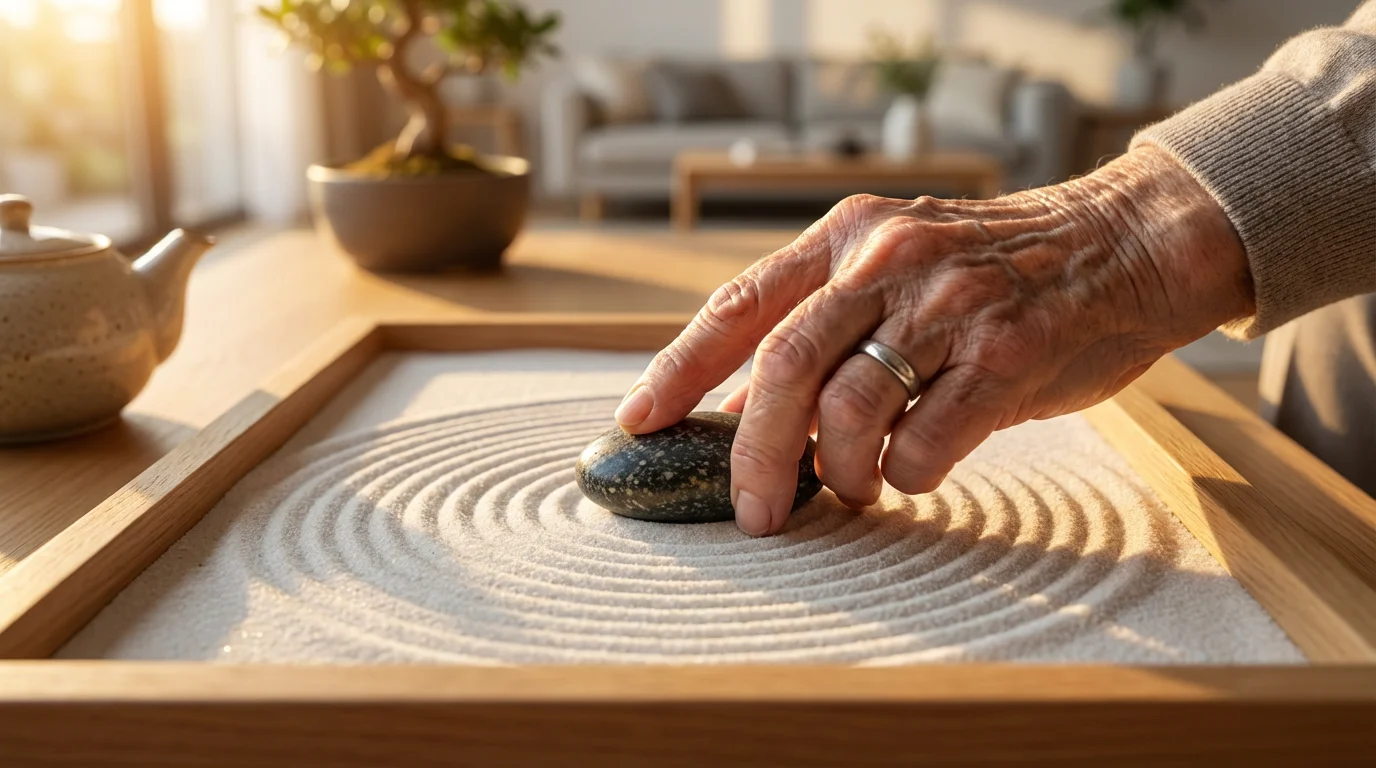 A close-up of a senior's hand placing a stone in a miniature zen garden.