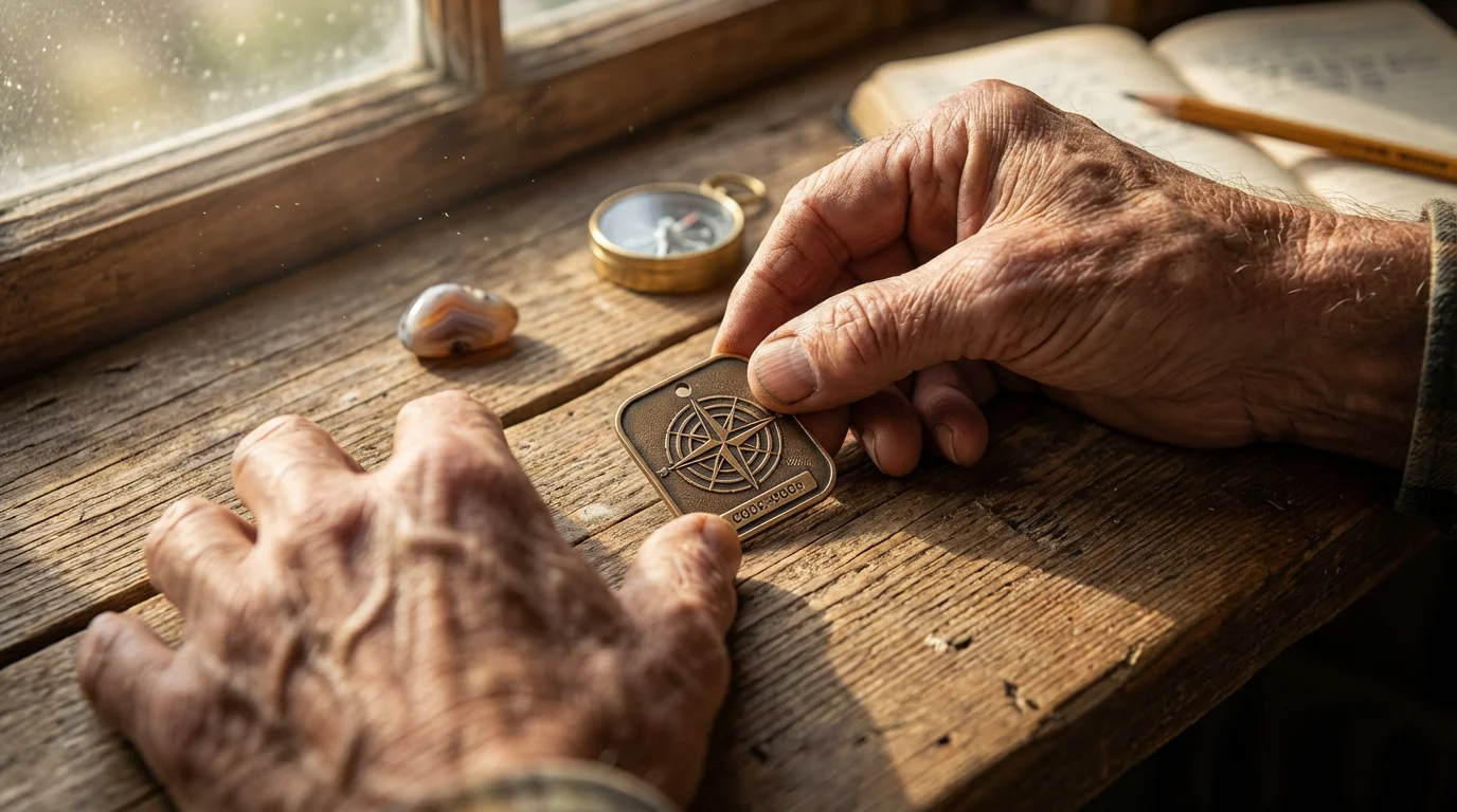 A close-up of an older person's hands arranging small geocaching trinkets and treasures.