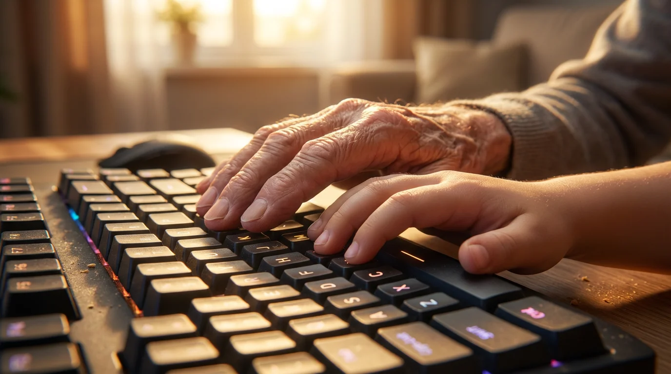 A close-up photograph of a senior's hand and a child's hand on a keyboard.