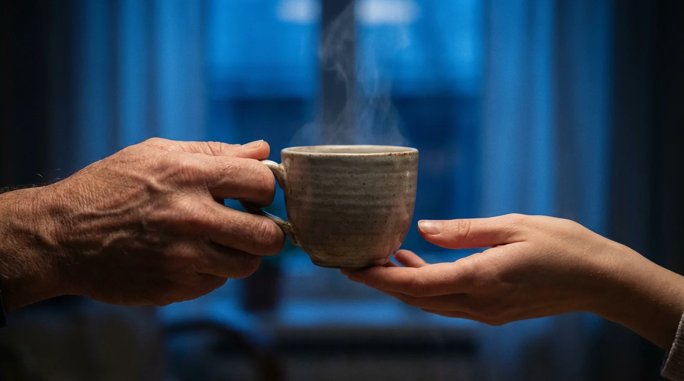 A close-up photograph of one person's hands offering a warm teacup to another.