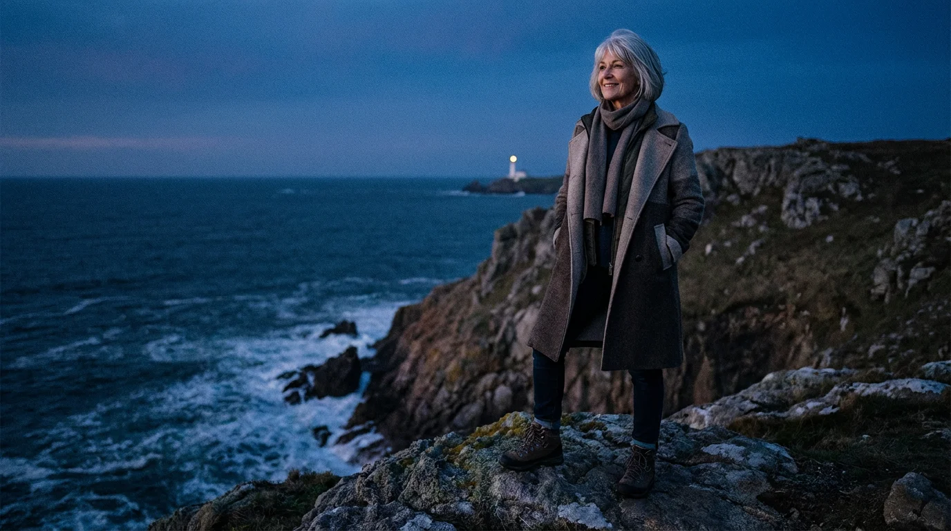 A confident older woman standing alone on a coastal cliff overlook during blue hour.
