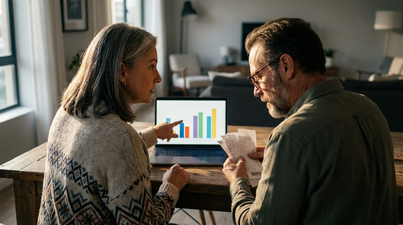 A couple at a table in the afternoon, reviewing their finances on a laptop.