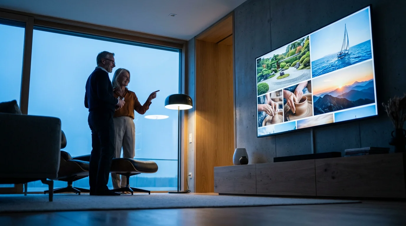 A couple in a modern living room curating a digital retirement vision board together.