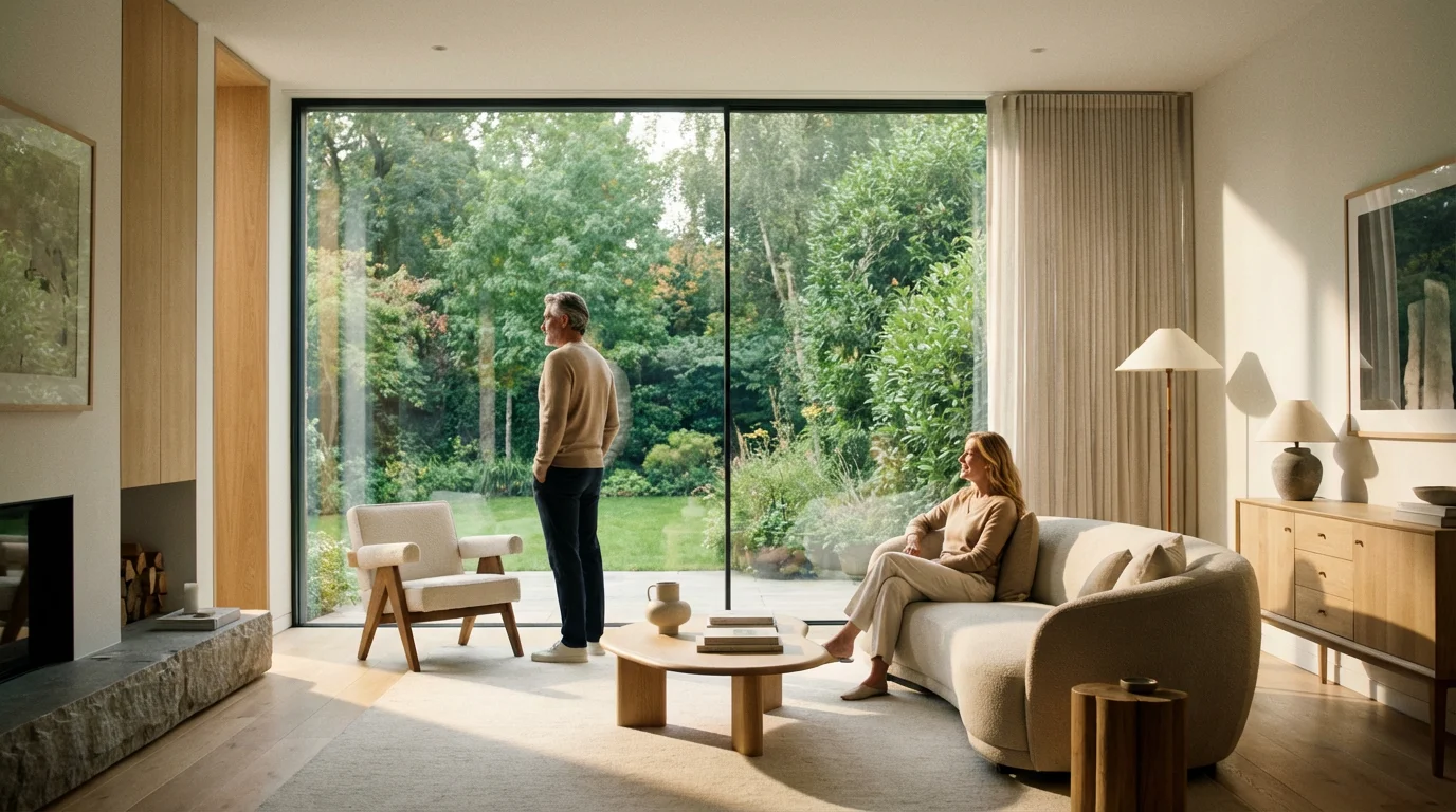 A couple in their late 50s in a modern living room, planning their future.