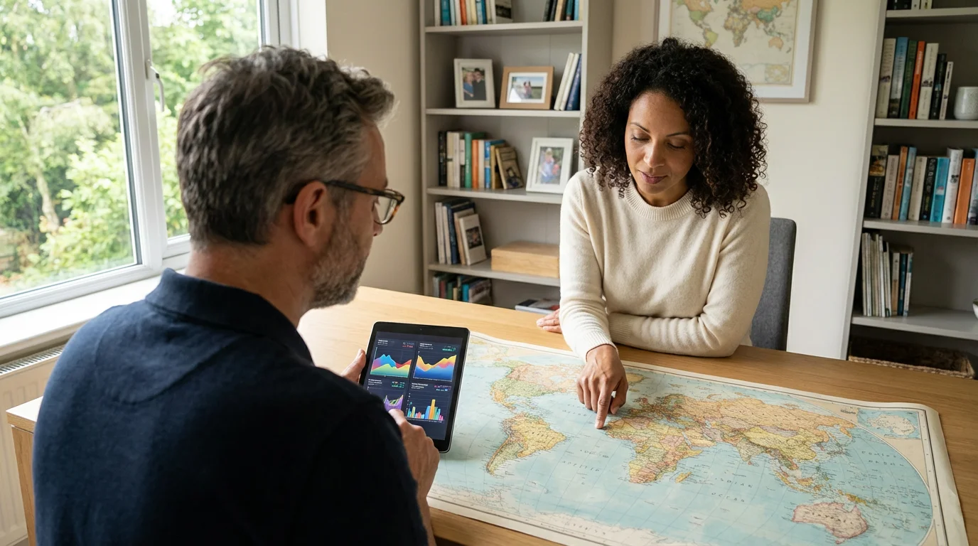 A couple in their late 50s plans their retirement with a world map and tablet.