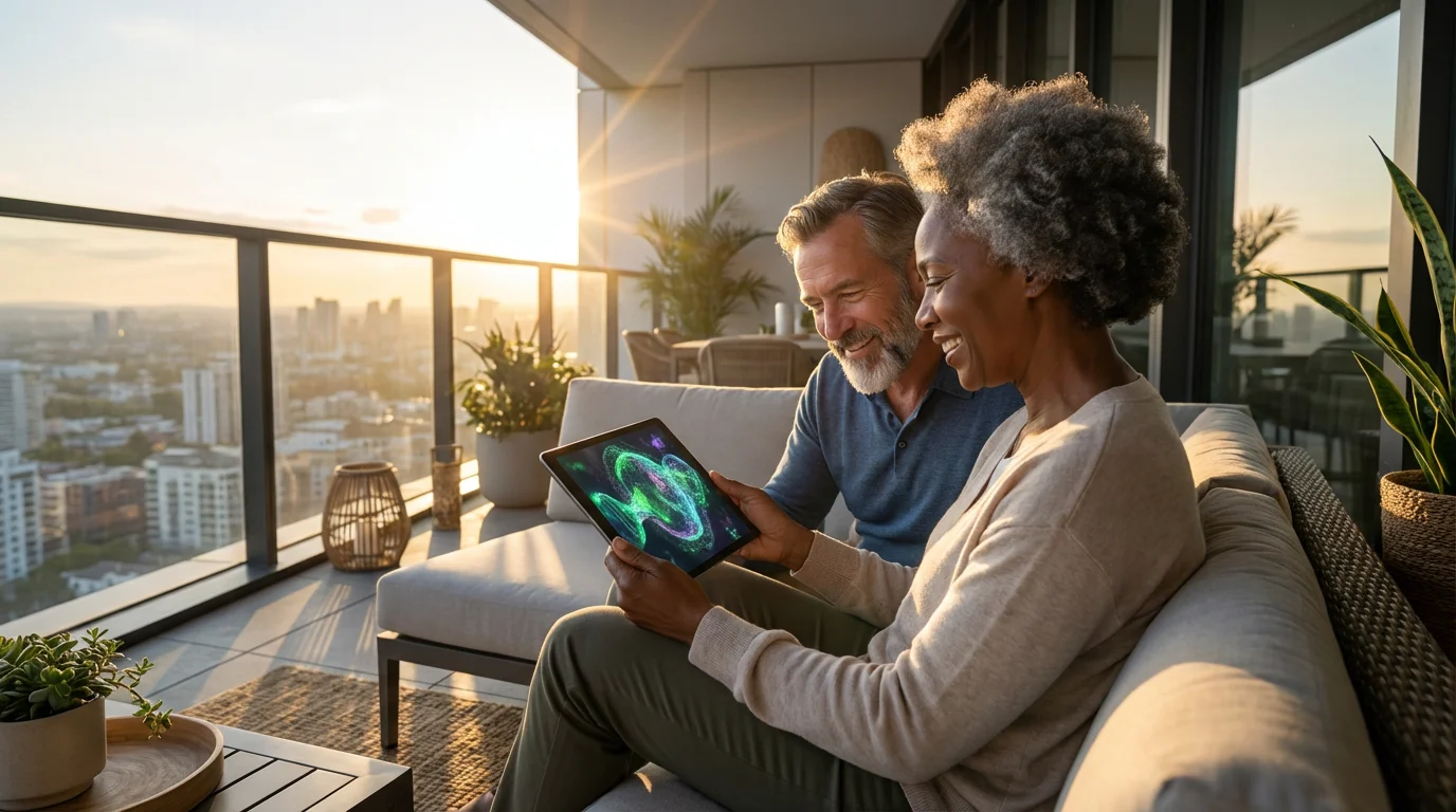 A couple on a city balcony at golden hour reviews abstract health data on a tablet.