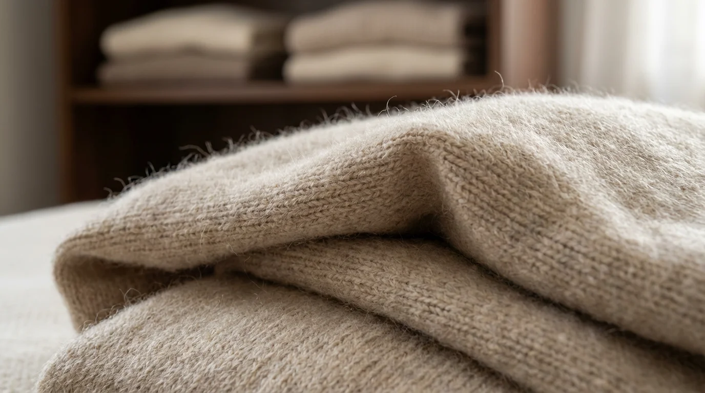 A detailed macro photograph of a soft, warm oatmeal-colored cashmere sweater's texture.