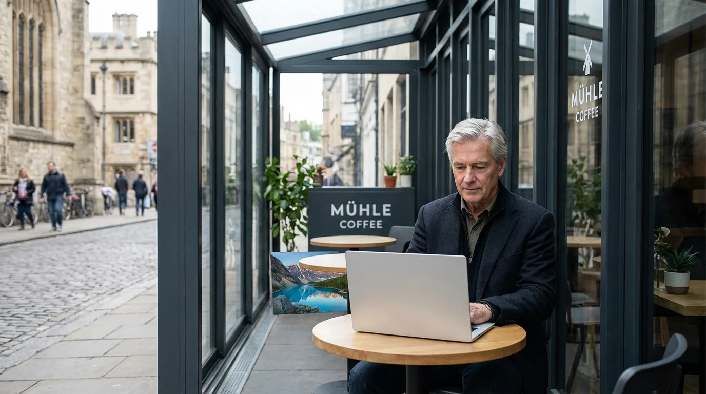 A distinguished older man editing photos on a laptop at a modern outdoor cafe.