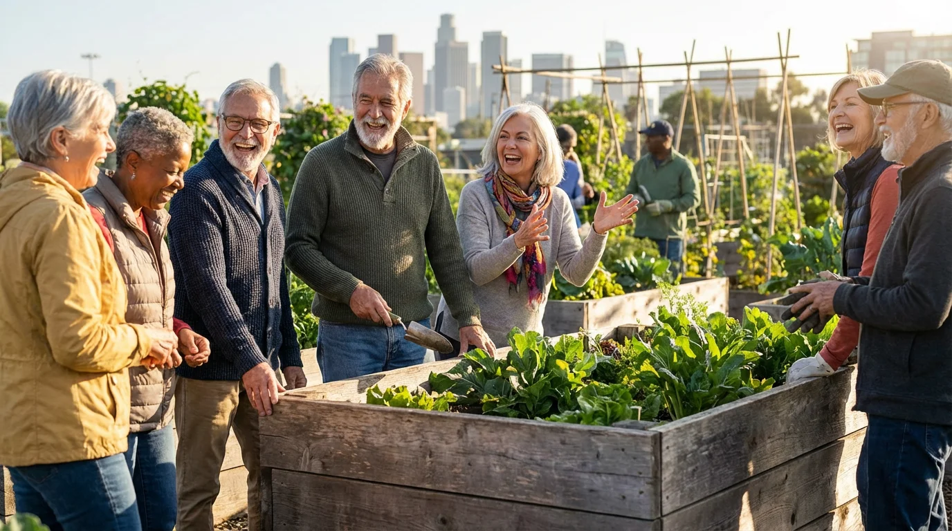 A diverse group of active seniors happily gardening together in a sunny urban community garden.
