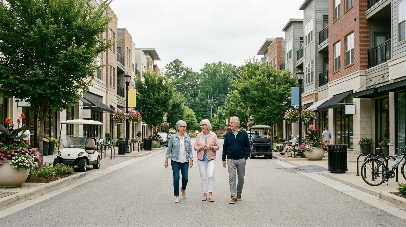 A diverse group of active seniors walking on a beautiful, pedestrian-friendly neighborhood street.