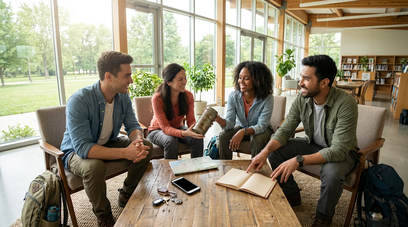 A diverse group of friends gathered in a sunlit room examining geocaching finds together.