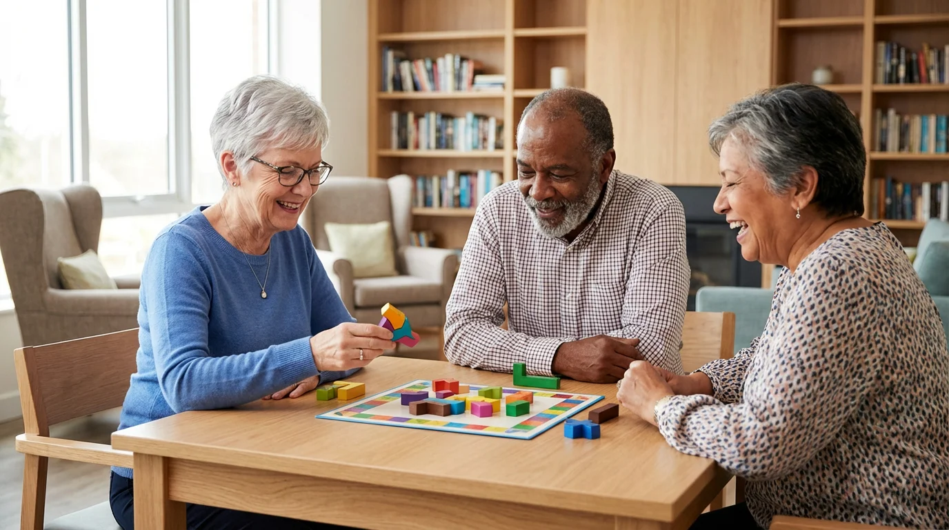A diverse group of happy seniors playing a board game in a sunlit room.