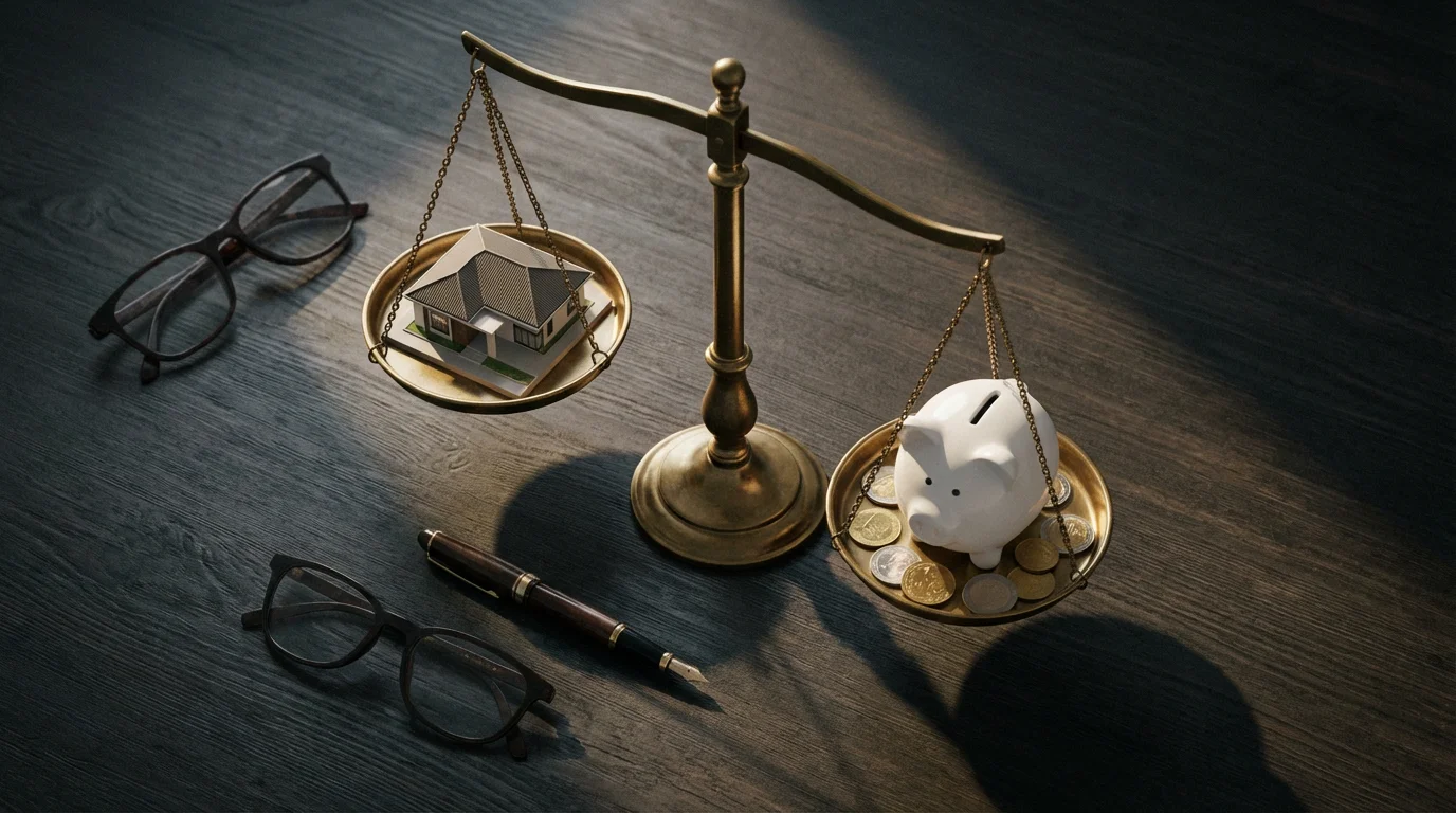 A flat lay of a balance scale weighing a small house model against a piggy bank.