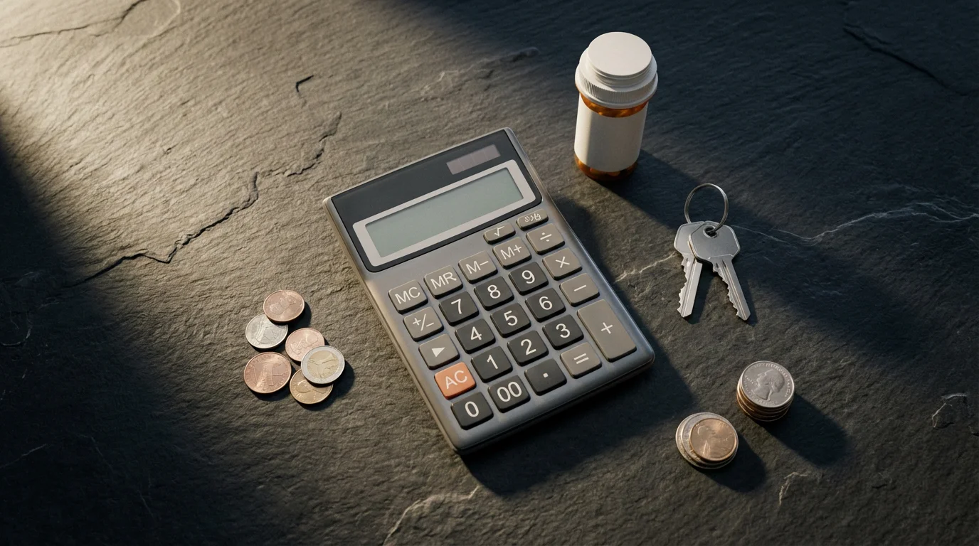 A flat lay of a calculator, keys, coins, and a pill bottle representing retirement budgeting.