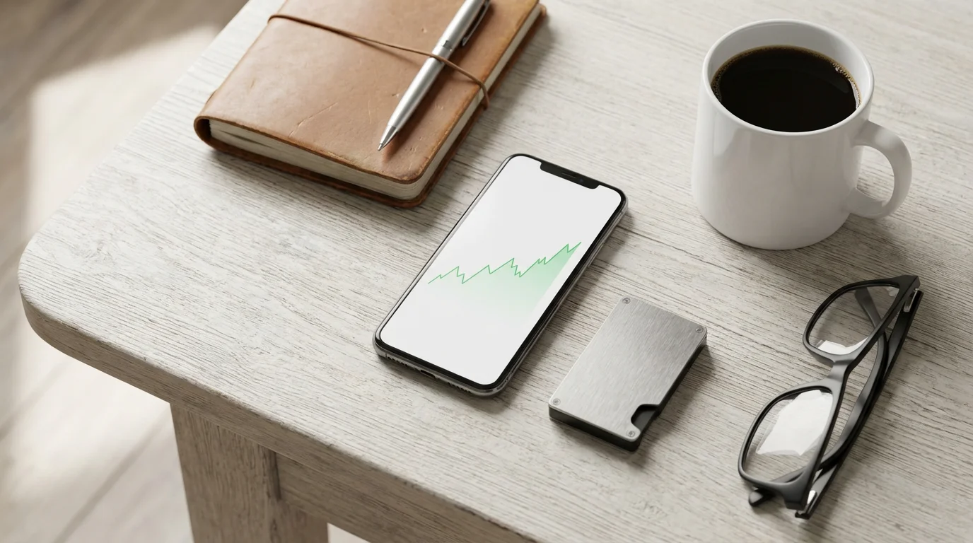 A flat lay of a desk with a smartphone, crypto wallet, and coffee.