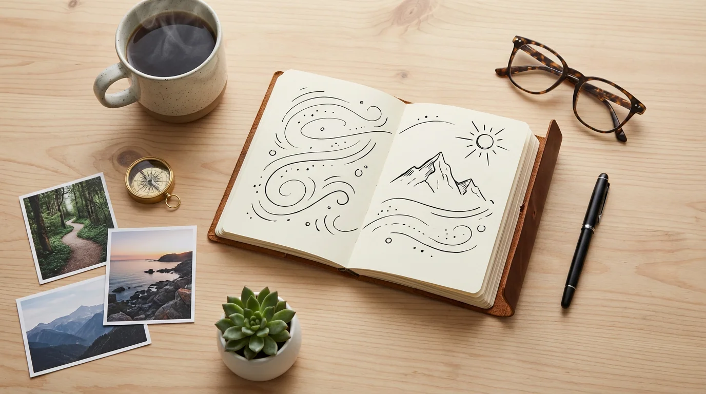 A flat lay of a journal, compass, coffee, and photos for retirement self-discovery.