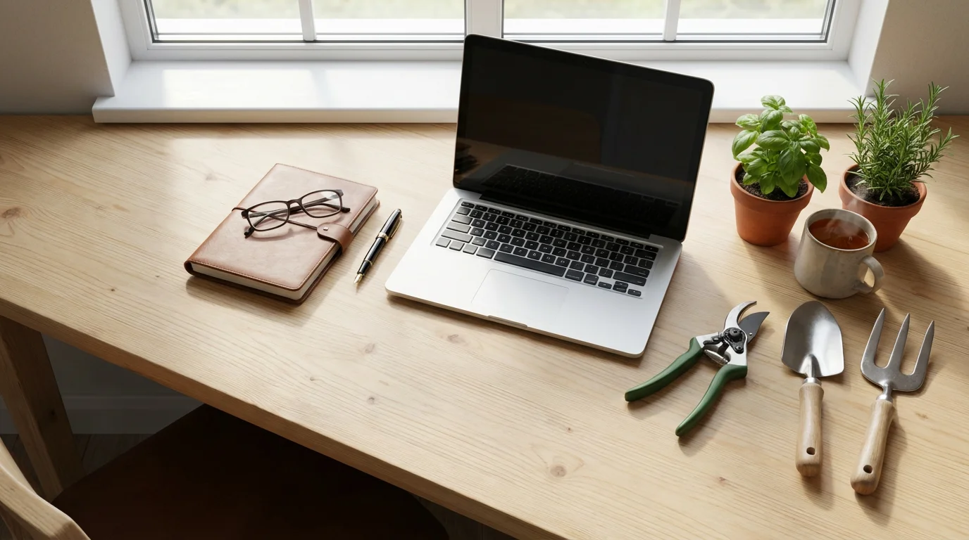 A flat lay of a laptop, notebook, and professional gardening tools on a sunlit desk.