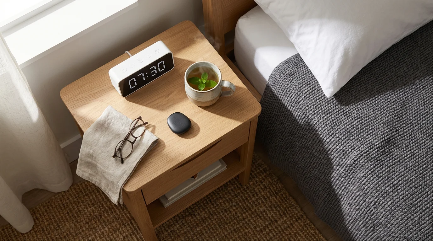 A flat lay of a modern bedside table with a sleep tracker, tea, and clock.