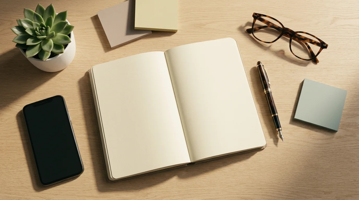 A flat lay of a notebook, pen, and smartphone for planning a website's purpose.