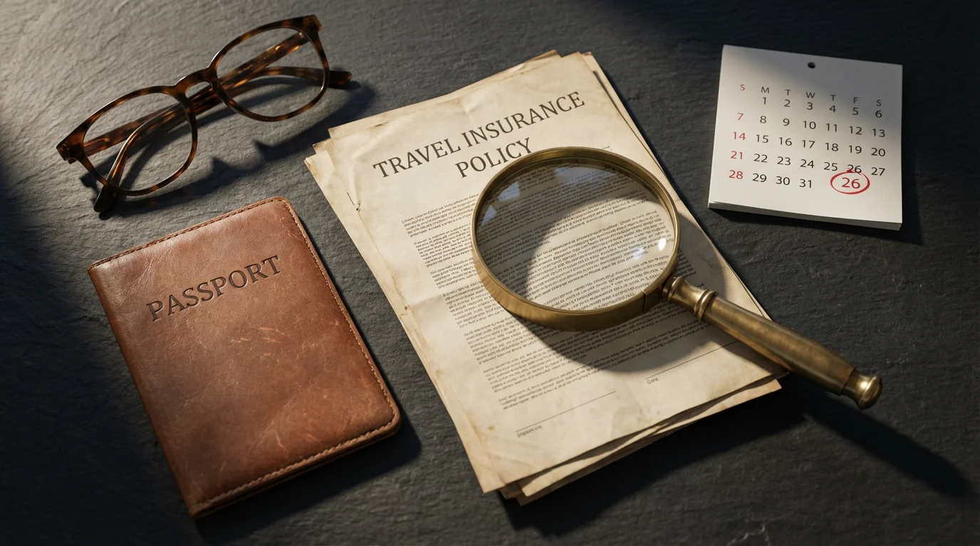 A flat lay of a passport, calendar, and magnifying glass over generic insurance documents.