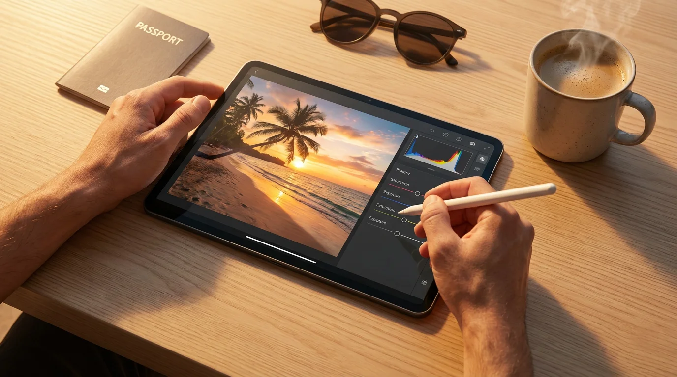 A flat lay of a person editing a travel photo on a tablet with coffee and a passport nearby during golden hour.