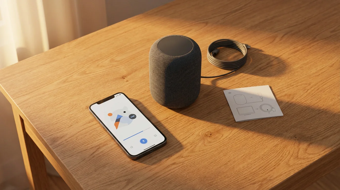 A flat lay of a smart speaker, smartphone, and instruction guide during setup.