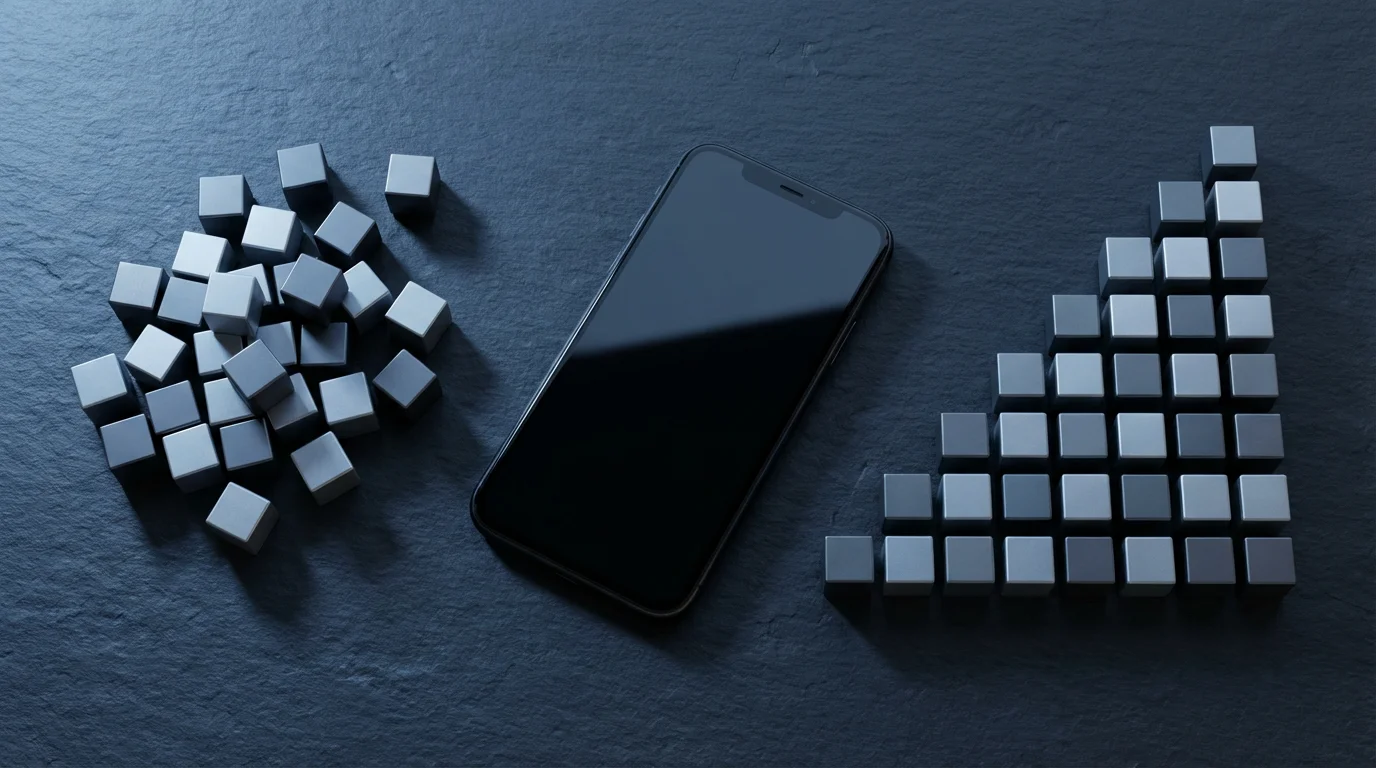 A flat lay of a smartphone organizing scattered metallic cubes into a neat graph.