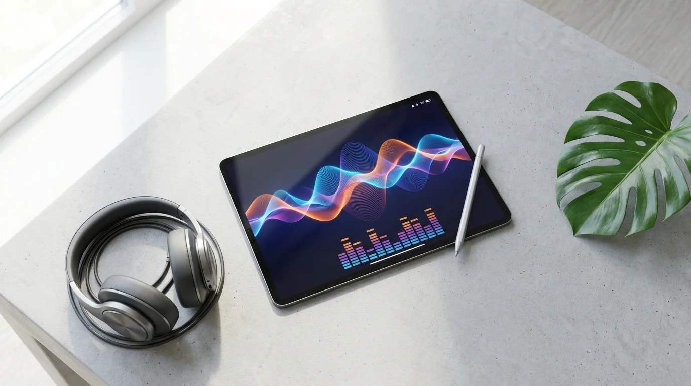 A flat lay of a tablet showing a music app, with headphones and a monstera leaf.