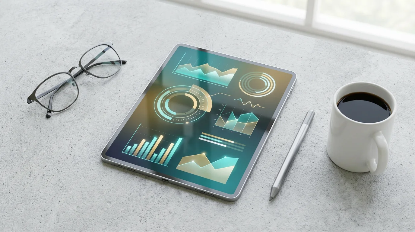 A flat lay of a tablet showing an abstract financial dashboard, with eyeglasses and coffee.