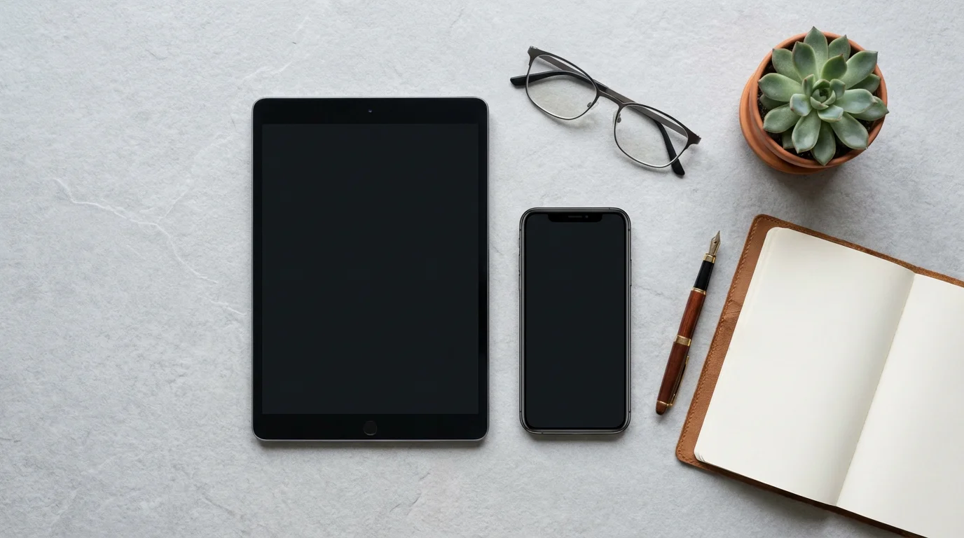 A flat lay of a tablet, smartphone, reading glasses, and a journal.