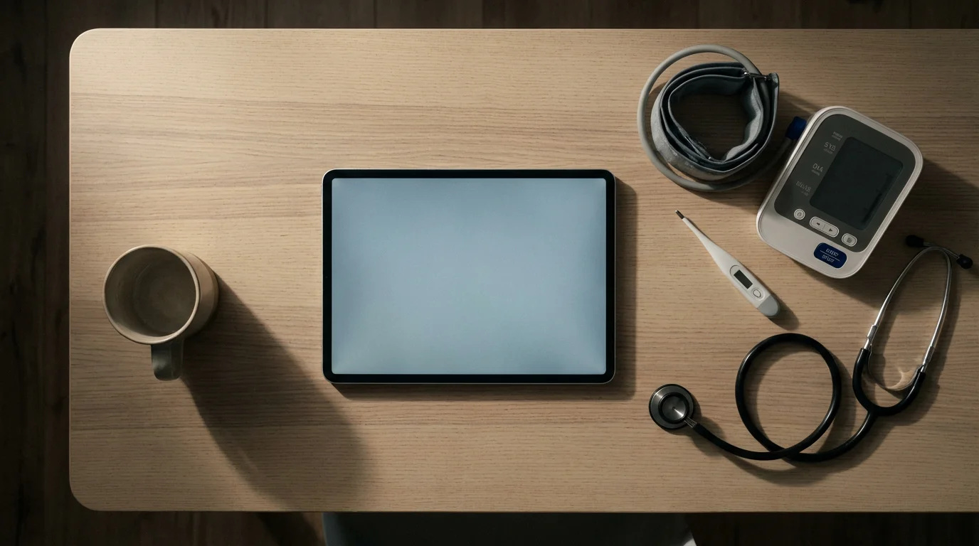 A flat lay of a tablet, stethoscope, and other digital medical monitoring devices.
