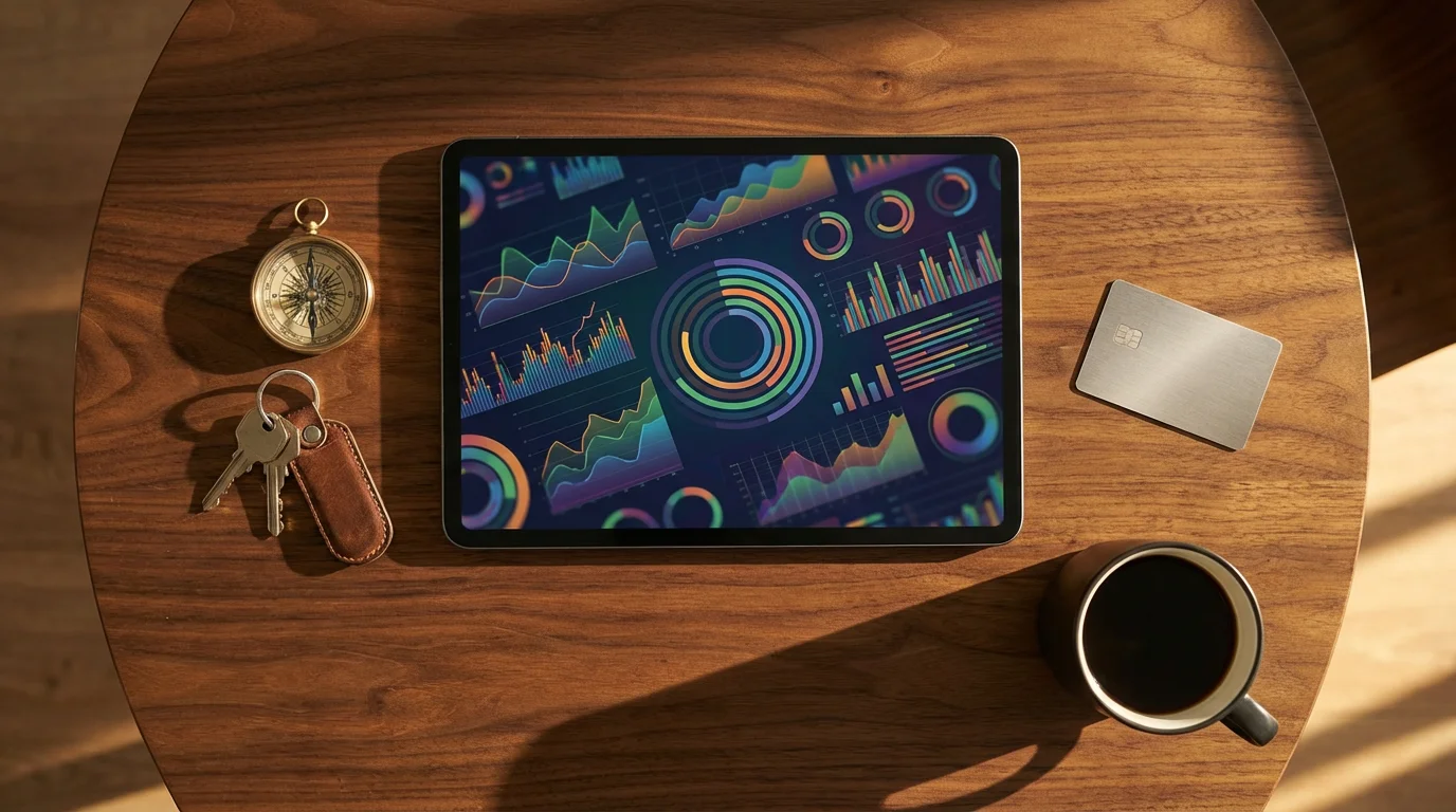 A flat lay of a tablet with financial data, house keys, and coffee.