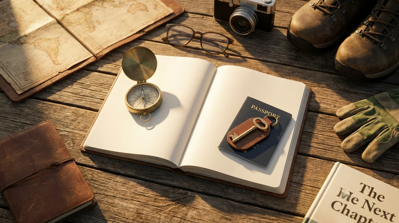 A flat lay of a travel journal, compass, passport, and key during golden hour.