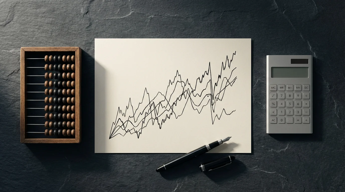 A flat lay of a vintage abacus, modern calculator, and abstract chart, representing financial strategies.