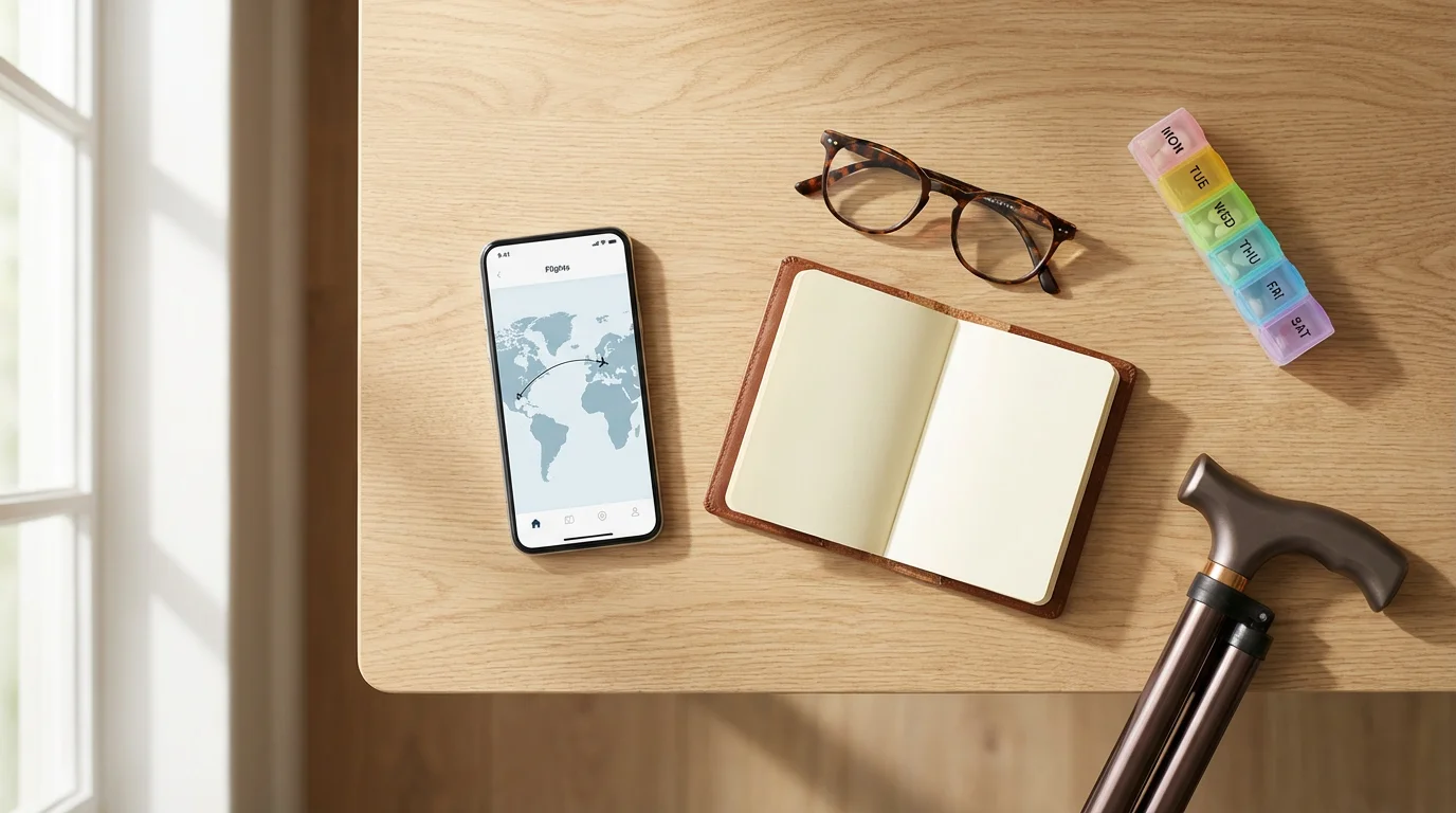 A flat lay of accessible travel essentials including a passport, smartphone, and walking cane.