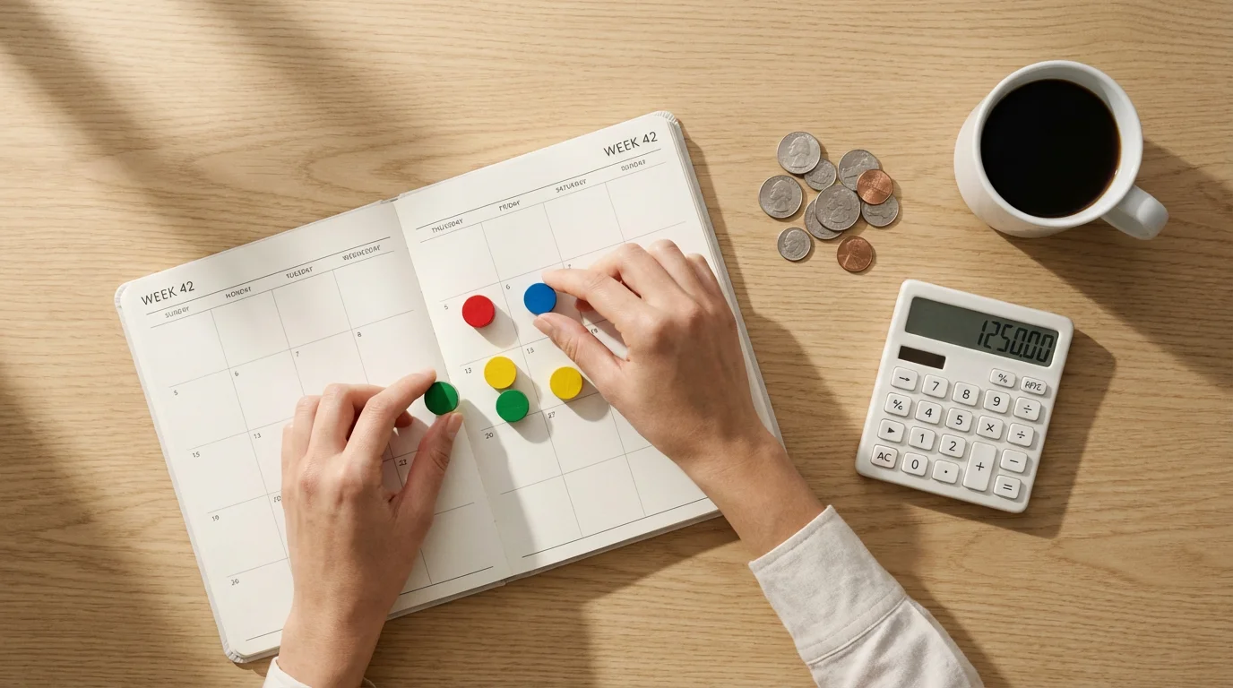 A flat lay of hands budgeting for entertainment using a planner, coins, and a calculator.
